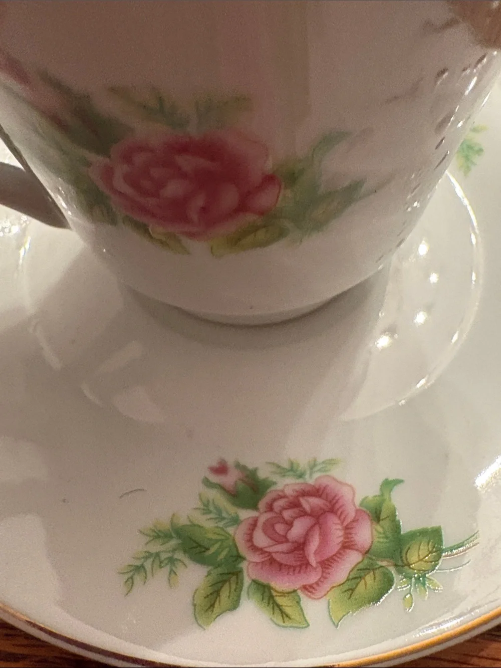 Floral Rose Tea Cups with Saucers - Pink and Green